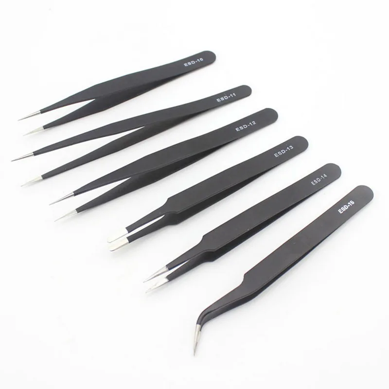 

6PCs ESD Precision Industrial Tweezers Anti-static magnetic Stainless Steel Tweezers Set for Electronics Soldering