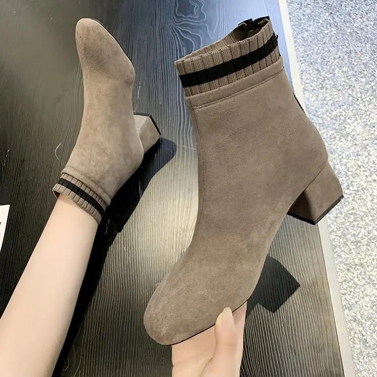 

Chunky-Heel Dull Polish Short Boots Women's Semi-high Heeled round-Toe Short Boots 2019 New Style Autumn And Winter Thin Boots V