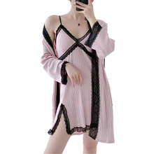 Пижамы Толстые теплые домашние женские осенние и зимние сексуальные кружевные искушение двухсекционные хлопковые пижамы розовый женский халат