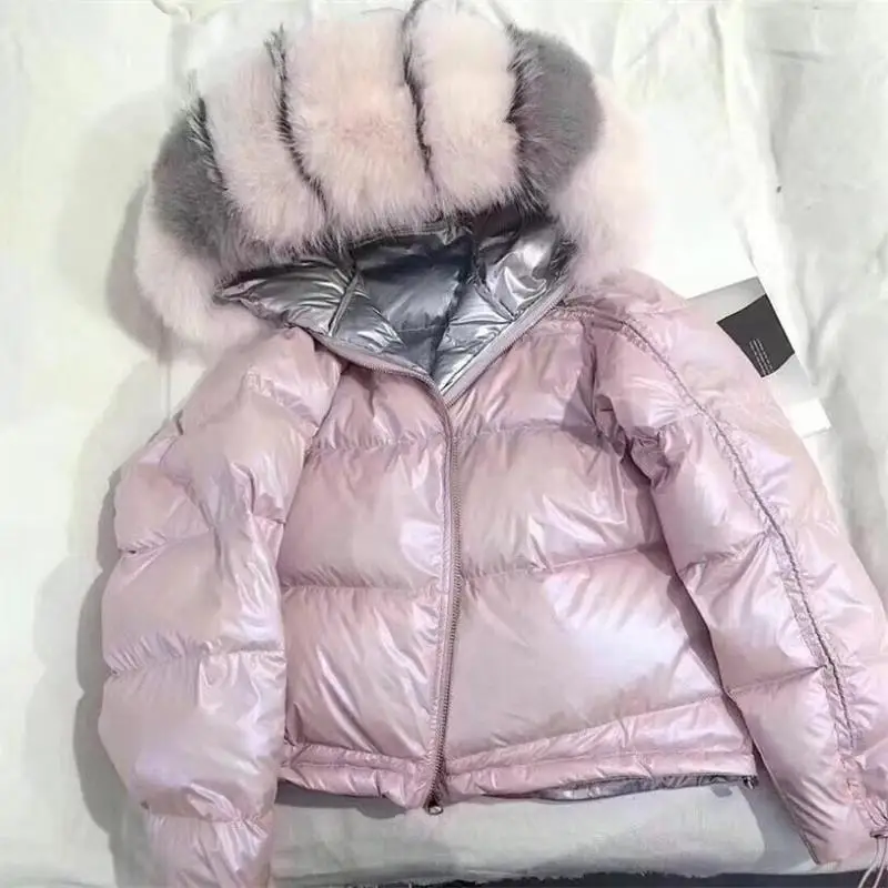 Пальто с натуральным лисьим меховым воротником зимняя куртка женская Свободная короткая пуховая куртка белая пуховая куртка Толстая теплая пуховая парка - Цвет: pink