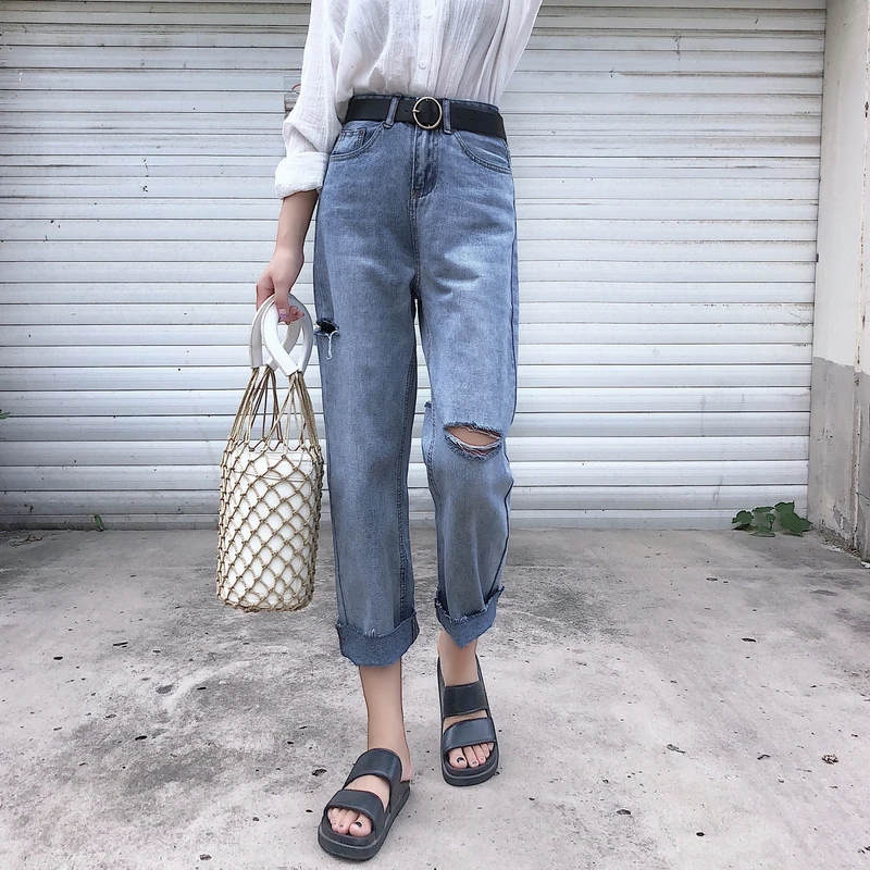 Spring High-waisted Loose-Fit Slimming Jeans Women's Korean-style New Style Washing Students Casual Capri Pants Fringed Straight