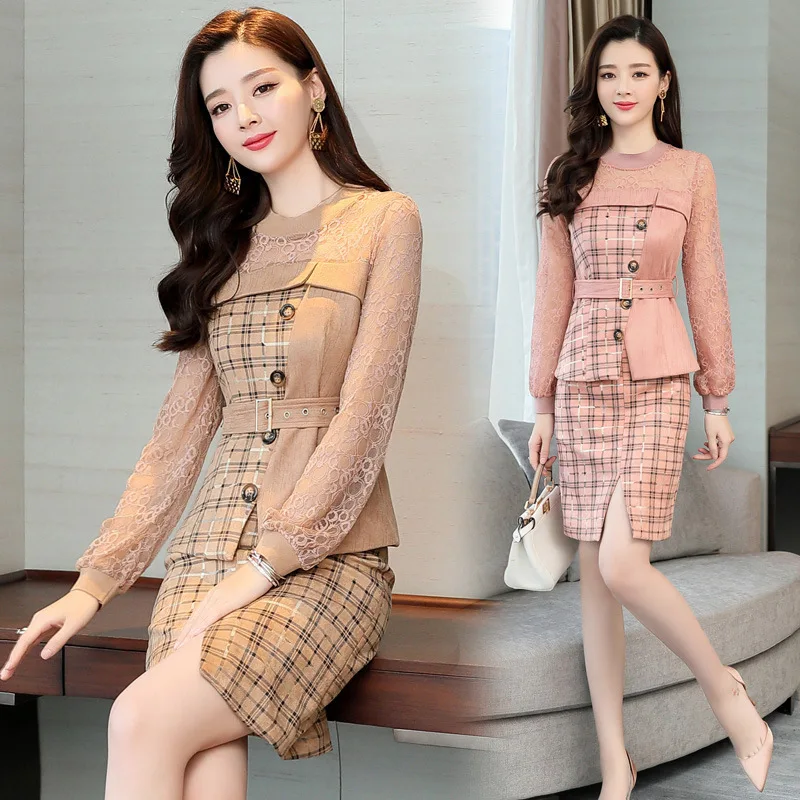 

2019 Spring Clothing New Style Fashion Hong Kong Style Dress Outfit Goddess-Style Elegant Graceful Plaid Suit Skirt Slimming Two