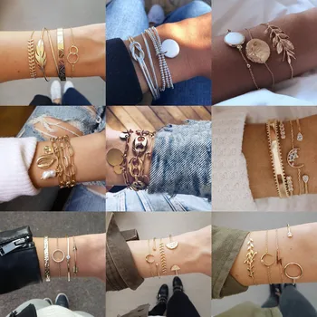 

LETAPI 4pcs/Set Fashion Bohemia Leaf Knot Hand Cuff Link Chain Charm Bracelet Bangle for Women Vintage Gold Bracelets Jewelry