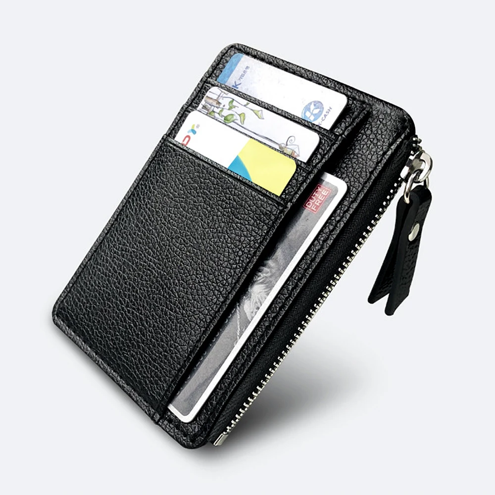 Multi-purpose Card Wallet Men Black Lichee Pattern Leather Bank Credit Card Bag Unisex Small Zipper Coin Purse ID Card Holders