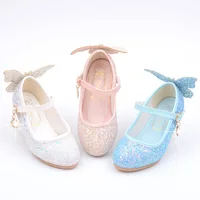 New Kids Leather Shoes Fashion Fringed Butterfly Knot Girls Princess Shoes Casual Glitter Children High Heel Student Dance Shoes 4