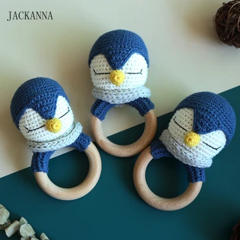 

Crochet Penguin Baby Rattle Teether Wood Ring DIY Animal Shape Chew Toy BPA Free Wooden Teething Nursing Gifts Baby Teether Toys