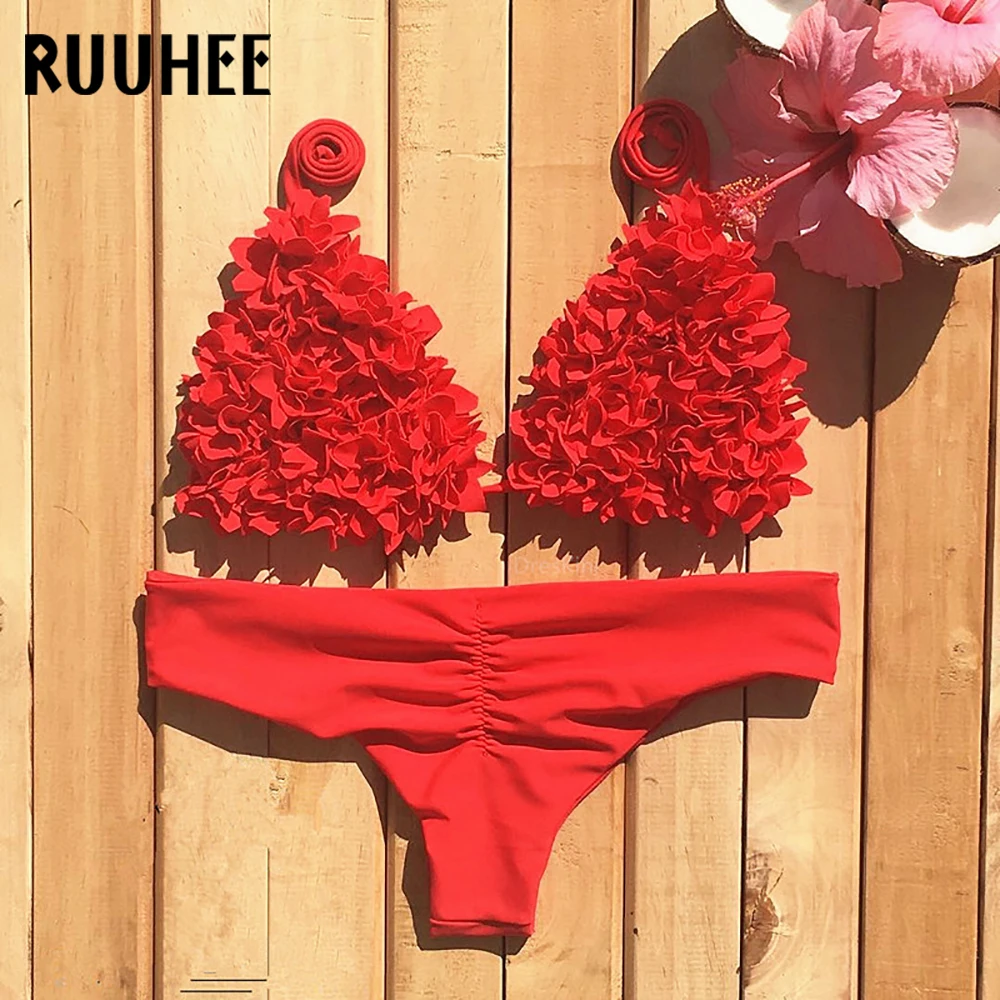 B3950RE RUUHEE, 3D Цветочный купальник бикини с оборками, женский купальник, сексуальный бразильский комплект бикини, купальник с бретелькой через шею, пуш-ап, пляжная одежда, бикини - Цвет: B3950RE
