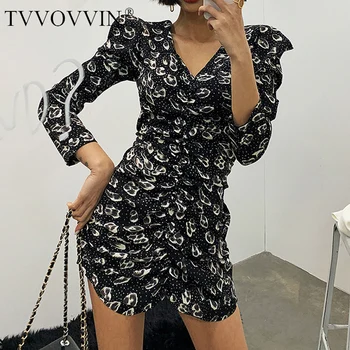 

TVVOVVIN V-neck Vintage Chiffon Floral Printting Dresses Famale Long Sleeve 2020 Spring Summer New Temperament Korean Style RUWV