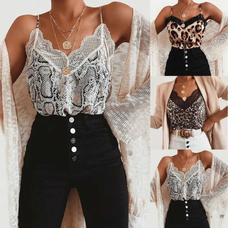 

New Style Women's Lace T-Shirts Tops Summer Top V Neck Patchwork Loose Summer Casual Sleeveless Leopard Fashion Hot 2019