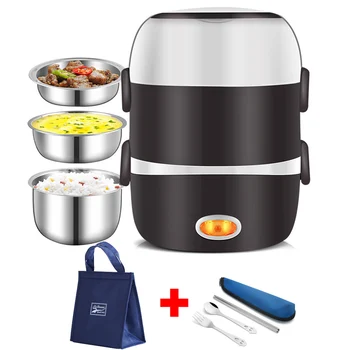 

220V Stainless Steel Electric Lunch Box Food Heater Container 2L Large Home School Warmer Bento Box Office Mini Rice Cooker Set