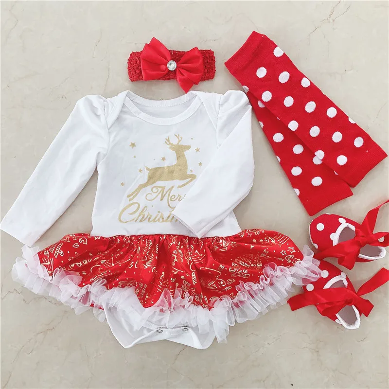 Серый Мои первые рождественские комбинезоны для малышей, 4 предмета, хлопковые платья-пачки с оборками+ повязка на голову+ леггинсы+ обувь, комбинезоны для новорожденных, подарки для младенцев - Цвет: Серый
