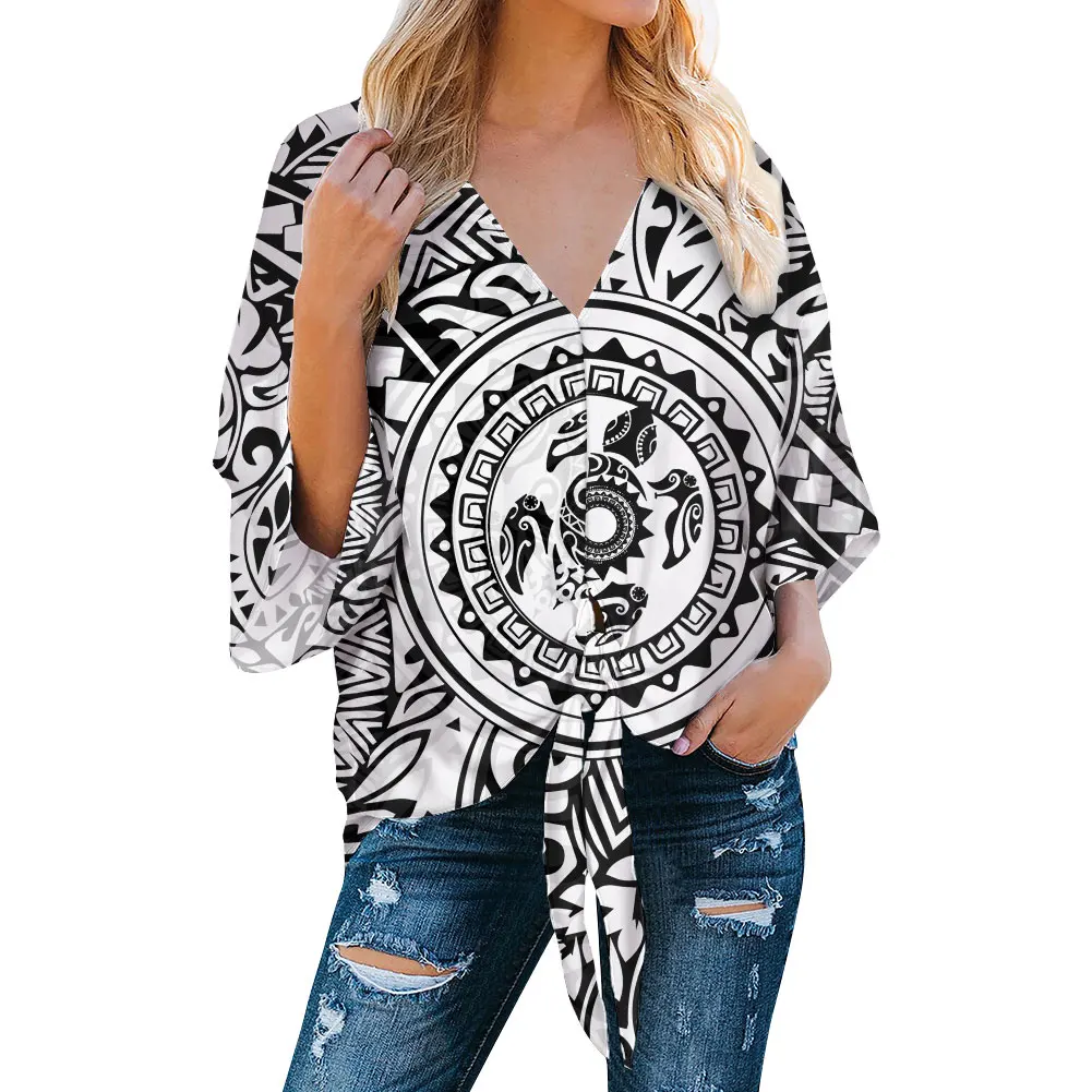 

Женский шифоновый топ с V-образным вырезом и принтом в этническом стиле