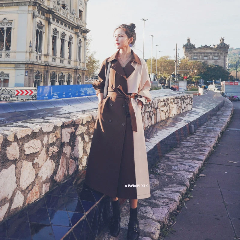 high quality 2020 vintage autumn Trench Coat Women Long Fashion Spliced Khaki Brown Contrast Color Patchwork Spring Windbreaker