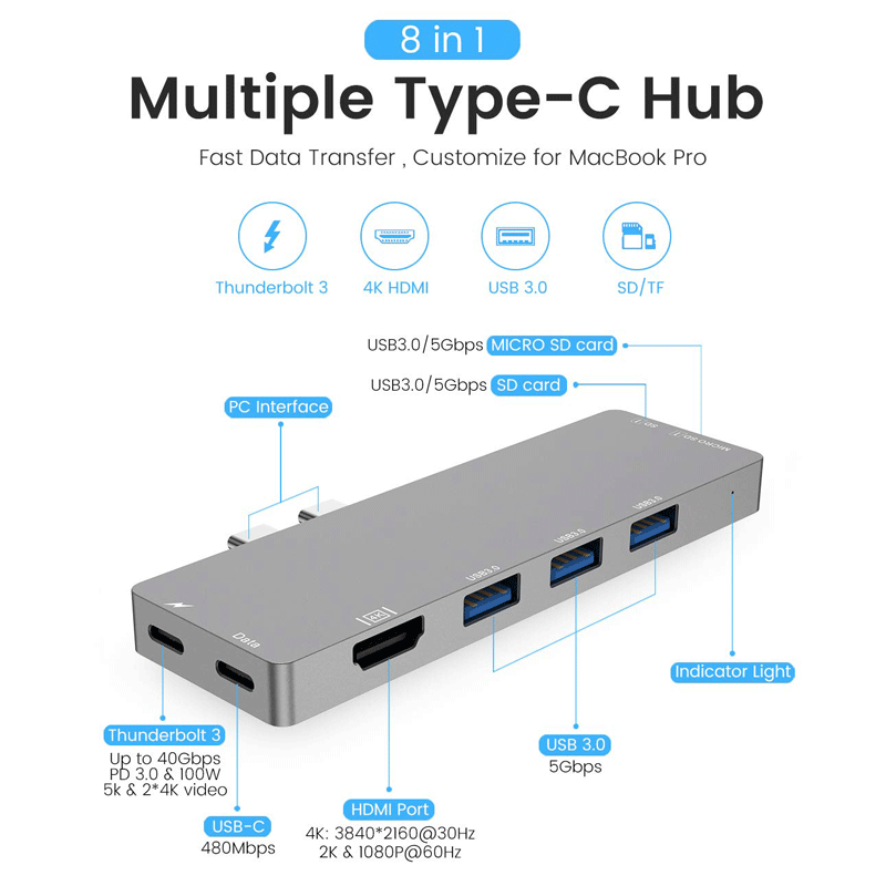 Type-C USB 3,0 концентратор 8 в 1 многопортовый адаптер док-станция алюминиевый тип C комбинированный концентратор для MacBook Pro