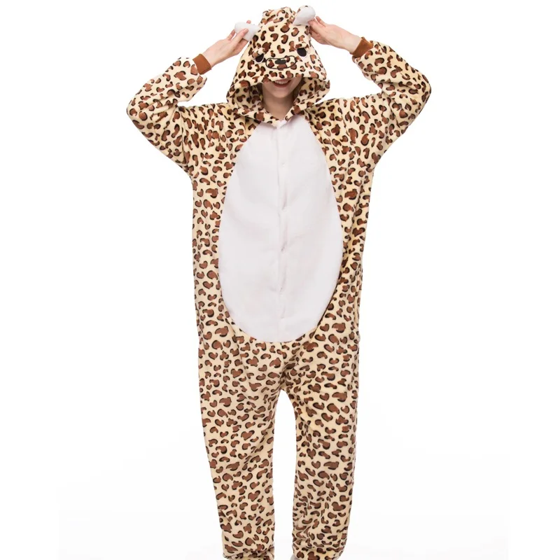 Leopard НОВЫЕ пижама женская Наборы Фланелевые мягкие Животные единорог Пижамы косплей для взрослых Женщин Зимняя панда Ночная сорочка Пижамы с капюшоном Домашняя одежда пижамный комплект женская - Цвет: Leopard