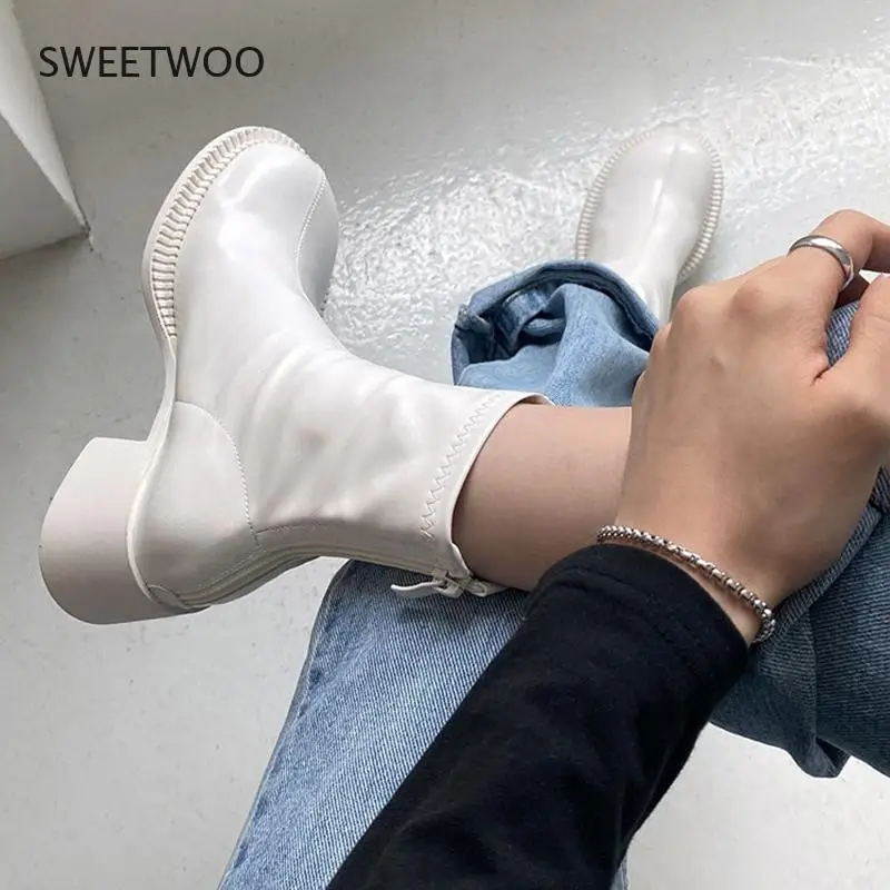 Women Big Toe Chunky Heel Boots Pu Leather Platform Ankle Boots With Elastic Zipper Vintage Style Autumn Winter