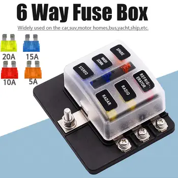 

12V-32V Plastic Cover Fuse Box Holder M5 Stud With LED Indicator Light 6 Ways Blade for Auto Car Boat Marine Trike
