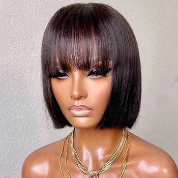 

Short Bob Wig with Bangs 5*5 PU Silk Base Wig Natural Hairline Lace Front Human Hair Wigs Bleached Knots Small Size