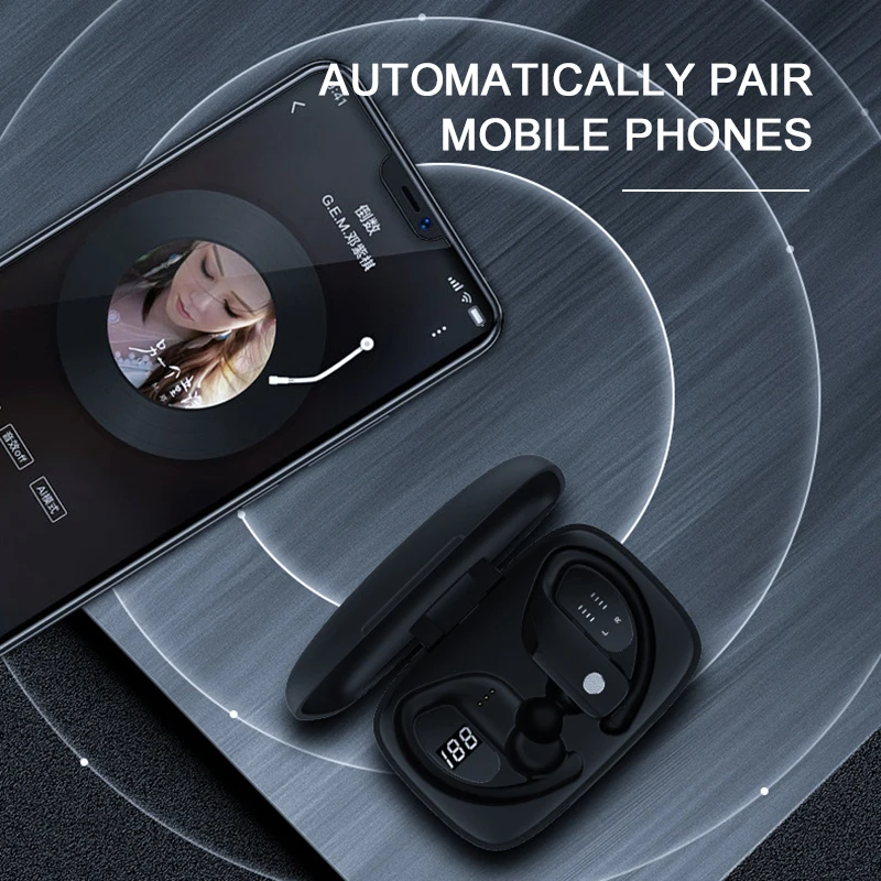 T16 Wireless Bluetooth 5 0 Headset LED Digital Display Ear Hanging IP67 Waterproof Sports Headphone With 2600mAH Charging Box