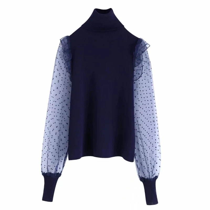  new women vintage turtleneck collar puff sleeve patchwork casual slim knitting Shirts blouses women