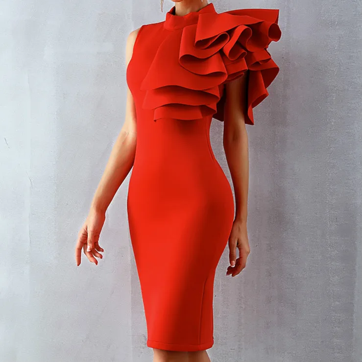 Новая Летняя женская одежда для подиумов и вечеринок Vestido сексуальное Белое красное платье без рукавов с оборками облегающее платье миди для ночного клуба