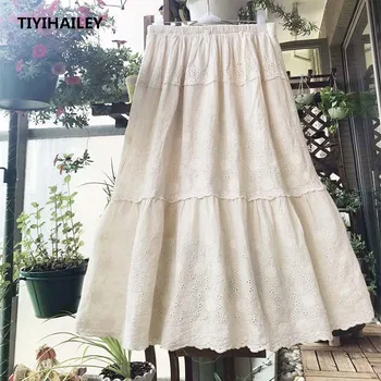 

TIYIHAILEY Free Shipping 100% Cotton Women Skirt Summer Long mid-calf Elastic Waist Skirts Beige Black A-line Embroidery Skirts