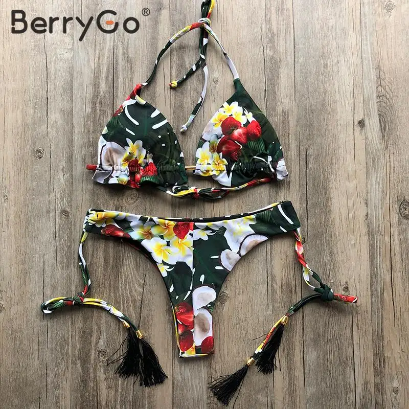 BerryGo, цветочный принт, кисточка, пляжный купальник, женский, бандаж, купальник, пуш-ап, две части, костюм, треугольник, бикини, наборы, купальник, одежда - Цвет: 2243-6