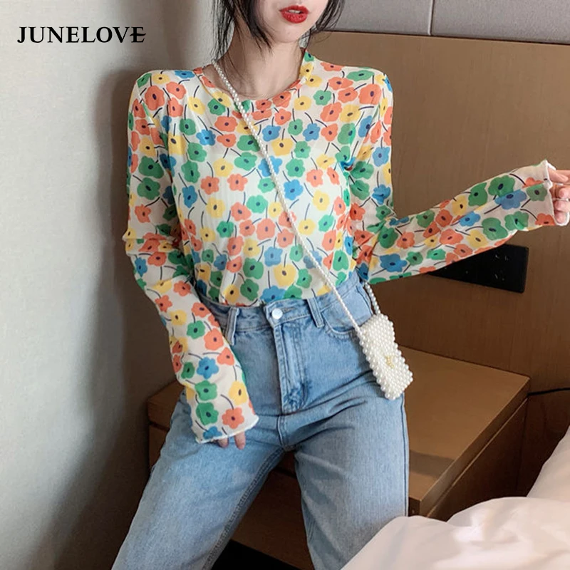 Floral Print Sheer Blue Black Mesh Long Sleeve Blouse Shirts Women Spring Summer Pullovers Elegant Sexy See Through Tops 3