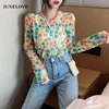 Floral Print Sheer Blue Black Mesh Long Sleeve Blouse Shirts Women Spring Summer Pullovers Elegant Sexy See Through Tops 3