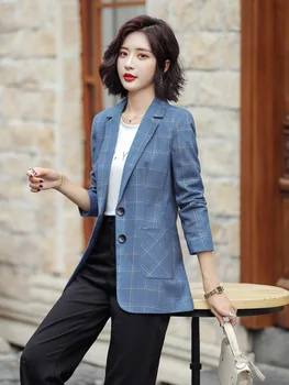 

Female Blazer 2019 Spring and Autumn New Korean Version Loose Blazer Casual Professional Blue Plaid Blazer Women