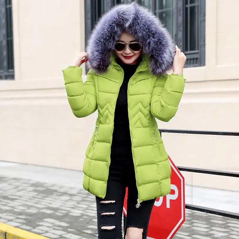 Light green 2 Зимняя женская куртка, плюс размер, XS-3XL, воротник из искусственного меха, с капюшоном, толстый пуховик для женщин, зимнее пальто, женские тонкие парки - Цвет: Light green 2
