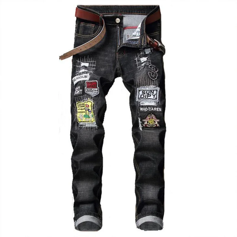 LD-8616 Мотоцикл мото череп печатных джинсы для мужчин мода slim fit узор окрашенные стрейч брюки - Цвет: LD-8616