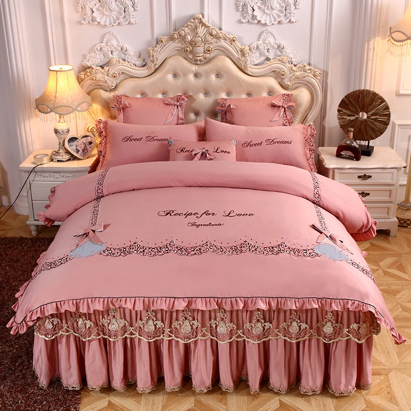 

Lace Embroidery Bedding Set Tencel Cotton Bed Skirt Pillow Case Duvet Cover Four Piece P3