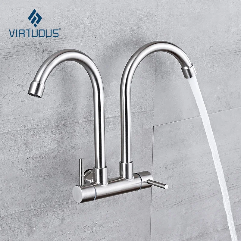 

Contemporary Double Rotating Wall Mounted Stainless Steel Kitchen Faucets CD-10087 with Ceramic Plate Spool