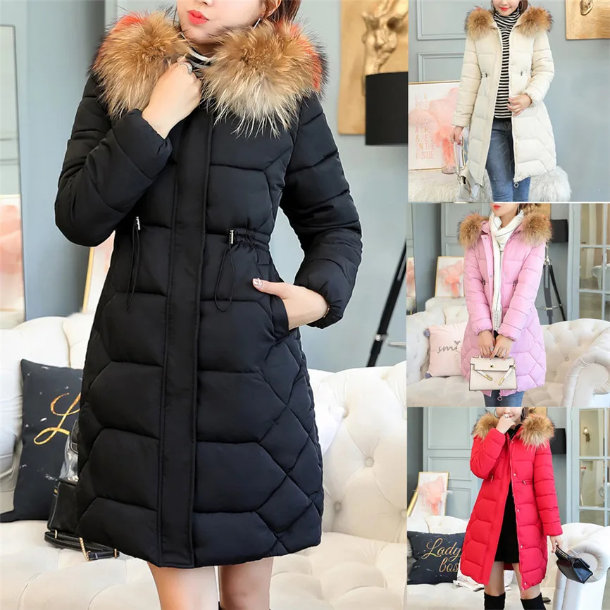 Korean Winter Jackets For Women Hooded Solid Outwear Warm Long Thick Fur Cotton Parka Slim Jacket Coat Winter Coat Women Elegant