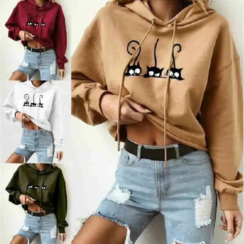Hoody Women Casual Cat Printing Long Sleeve Pullover Shirts Tops Blouse Sweatshirt Female Tops Hoodie Sweatshirt Women Hoodies