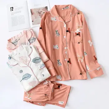 

Autumn New Ladies Pajamas Set Floral Printed Full Cotton Fresh Style Sleepwear Set Women Turn-down Collar Female Casual Homewear