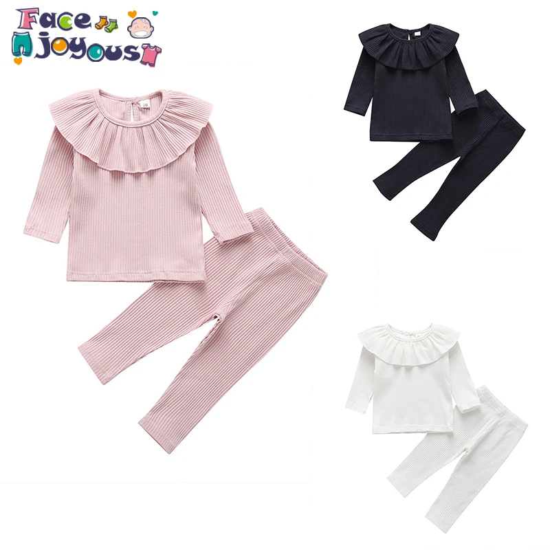 

2019 New Fashion Baby Girl Set Hot Sale Full Sleeve Kids Soft For Children Girls Ribbed Set T Shirt And Pants Suits