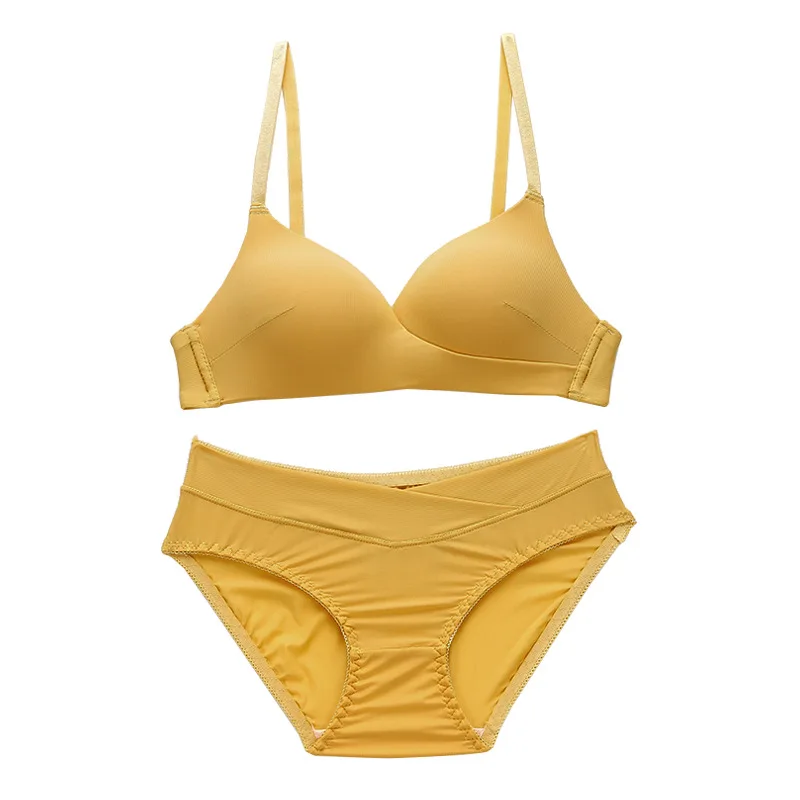 Yellow Set Желтое французское треугольное нижнее белье, сексуальное женское нижнее белье с маленькой грудью, комплект с бюстгальтером, ультратонкое дышащее нижнее белье, пуш-ап бюстгальтер, трусы, набор, 6 цветов - Цвет: Yellow Set