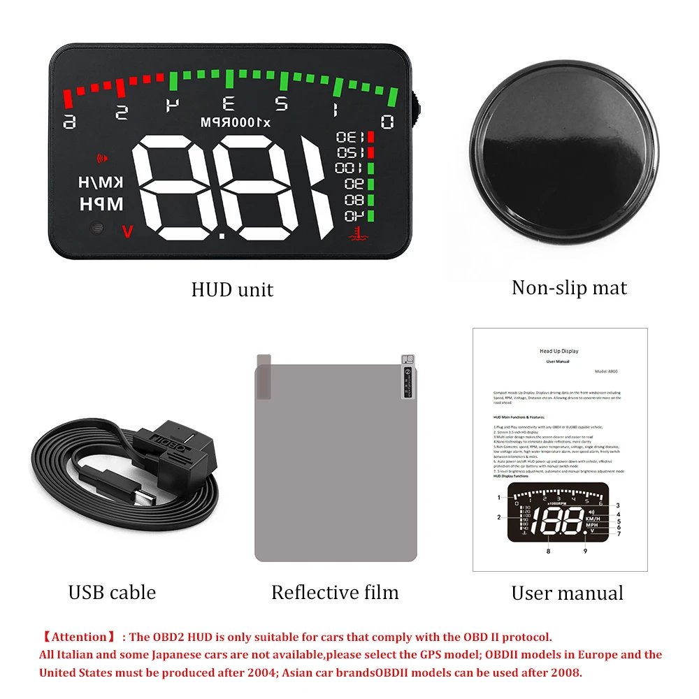 A100 3.5 A900 HUD Head-Up Display Car-styling Hud Display Overspeed Warning Windshield Projector Alarm System Universal Auto
