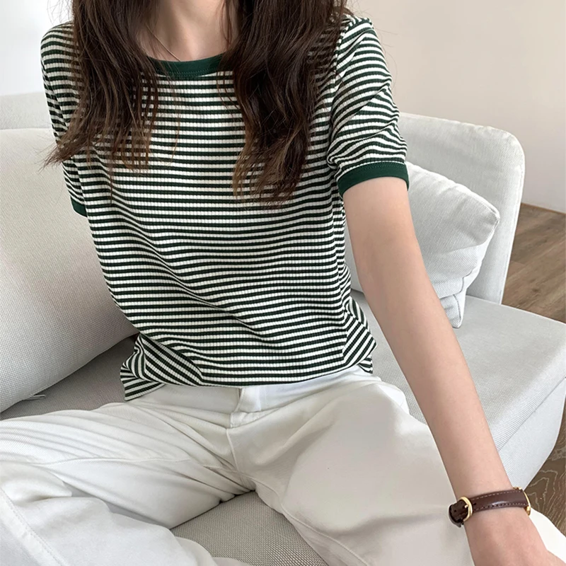Striped Vintage Short Sleeve T Shirt Women 2022 Summer Korean Fashion T-shir Soft Tops Tshirts Casual O Neck Tee Shirt Female