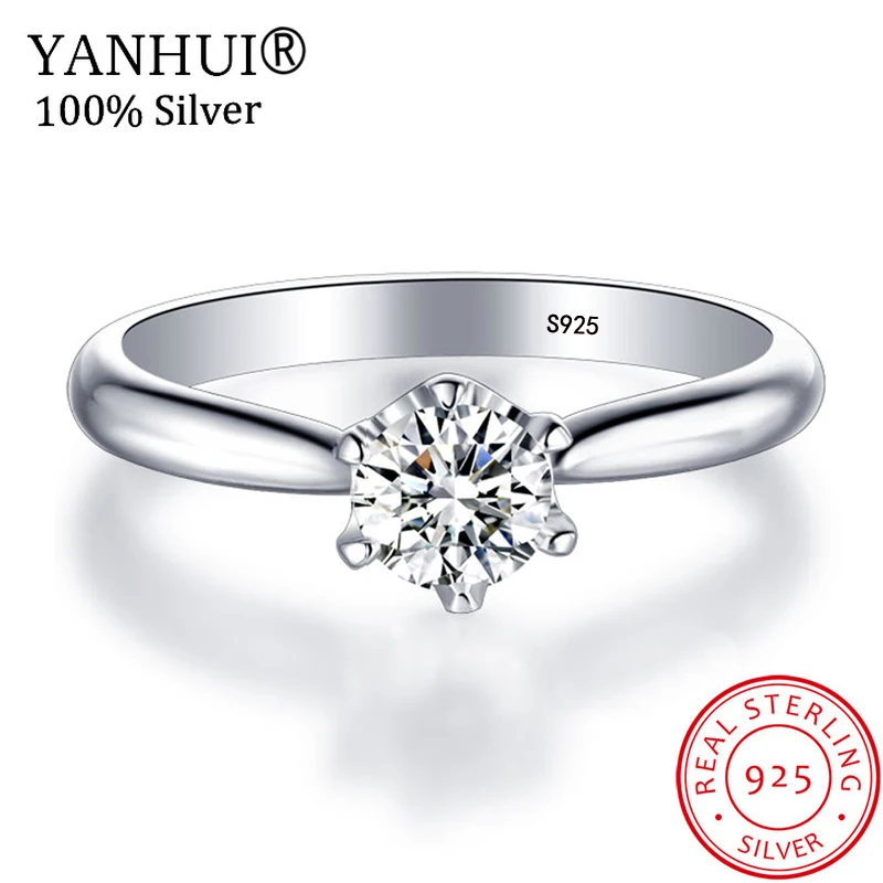 

YANHUI Luxury 1 Carat Solitaire Ring Original 925 Solid Silver Wedding Rings For Women Real 6mm Zircon CZ Engagement Rings JZ040