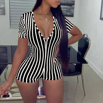 

Sexy Women Bodysuit Jumpsuit Short Sleeve Striped Printed One Piece Ladies Romper Summer V Neck Female Jumpsuit Rompers D30