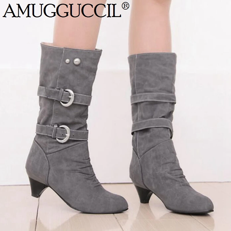 

2020 New Plus Big Size 34-43 Black Beige Gray Yellow Buckle Fashion Mid Heel Calf Female Lady Autumn Winter Women Boots X1847
