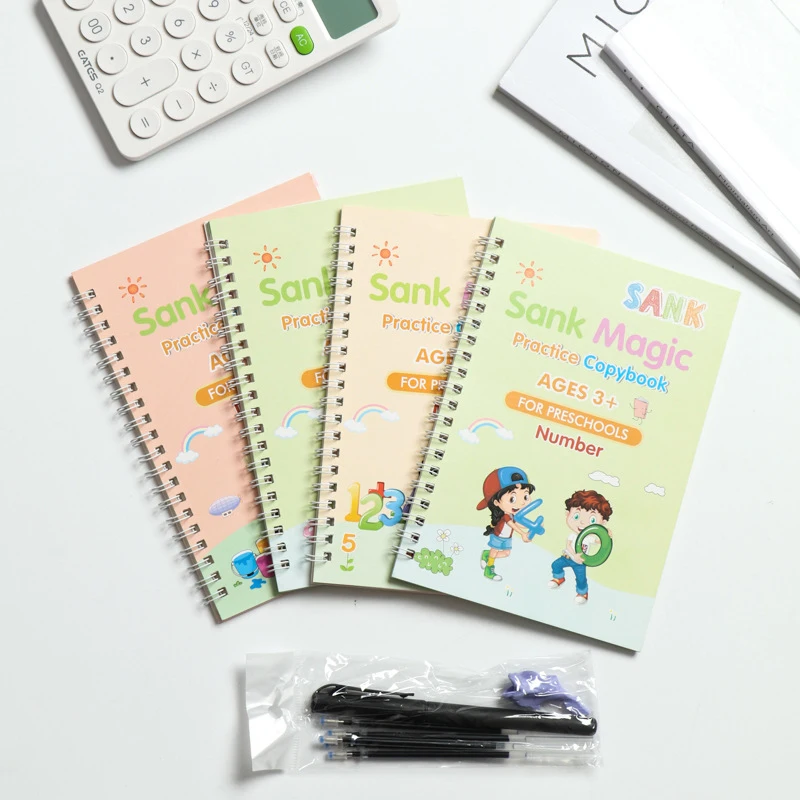 SANK 4 Books + Pen Magic Copy Book Free Wiping  kids Writing Sticker Practice English Copybook For Calligraphy Montessori Books