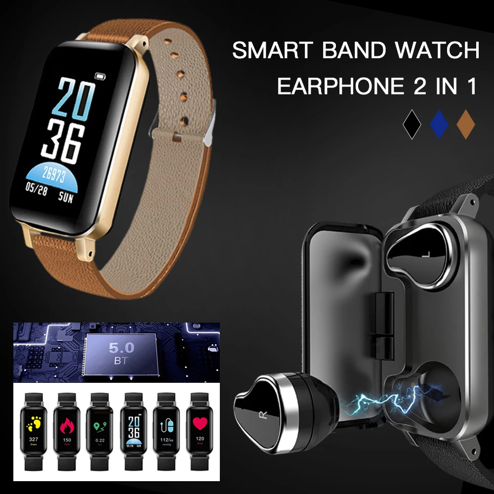 T89 Смарт бинауральные Bluetooth наушники Фитнес браслет кровяное давление пульсометр спортивный браслет на запястье часы для мужчин и женщин