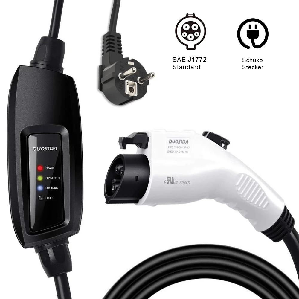 Duosida J1772 Input Schuko Plug Level 2 EV Charger 16A Type 1 EVSE for
