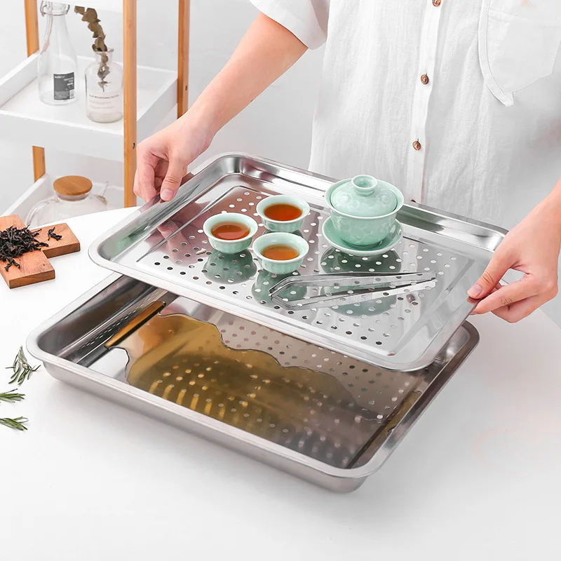 Stainless Steel Food Storage Tray Shallow Drain Trays Vegetable Fruit Dumpling Storage Plate Oil Filter Pan Kitchen Accessories 2