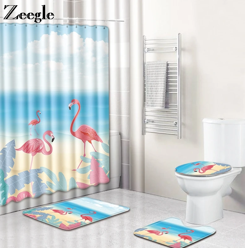 Zeegle 4pcs Bath Mat Set Anti Slip Toilet Pedestal Rug Foot Mat Toilet Seat Cover Mat Waterproof Bathroom Curtain Toilet Set