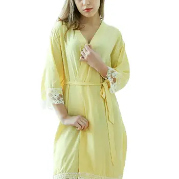 

HotWomen Sexy V Neck Lace Patchwork 3/4 Sleeve Dress Waist Belt Robe Sleepwear